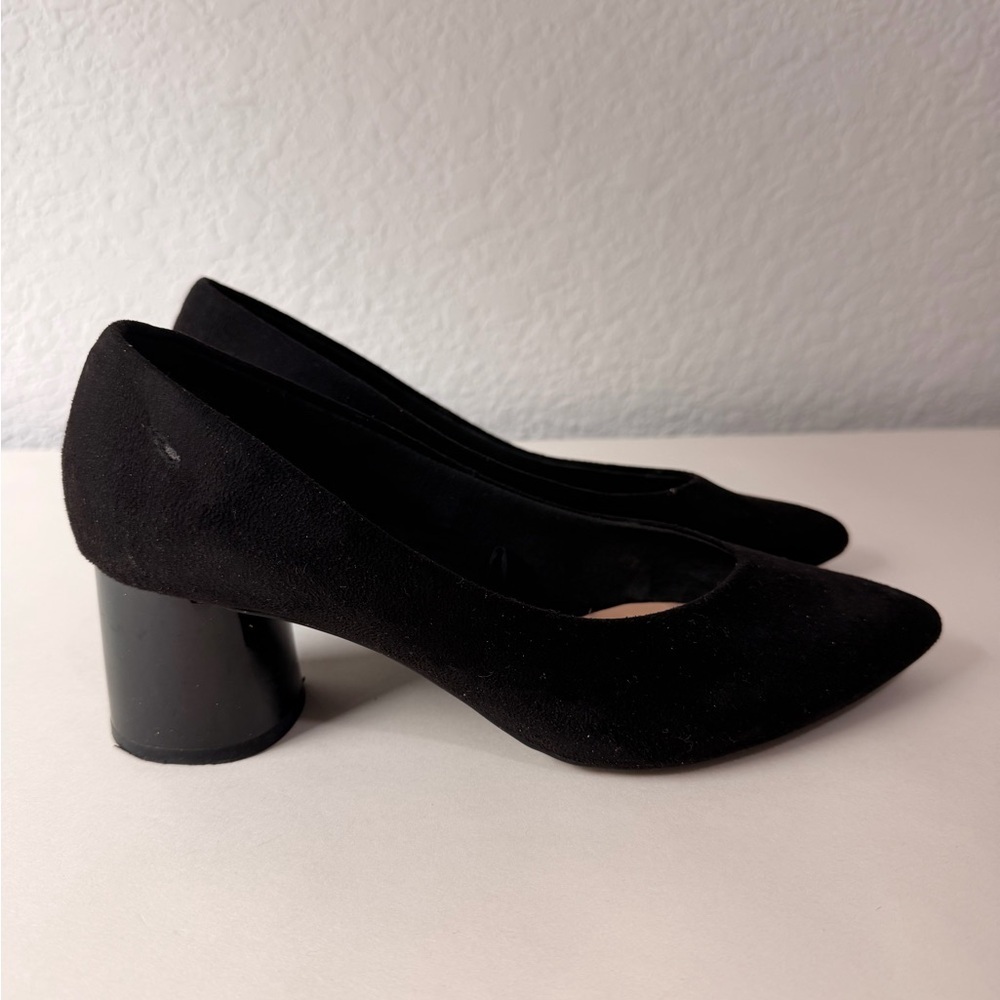 Stradivarius Black Suede Block Heel Pumps | 2.5” Comfortable Mixed Texture Heels
